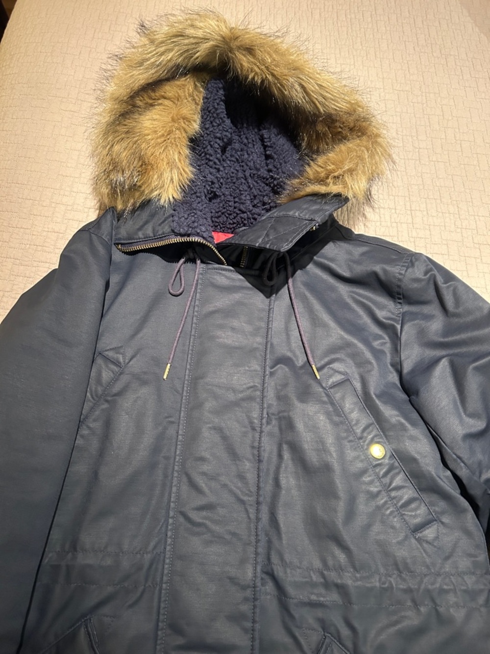 J crew Navy Hooded Parka with Faux Fur Trim